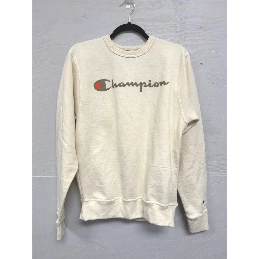 Champion Mens Small Cream Script Logo Crewneck Sweatshirt GF88H Off White Fleece